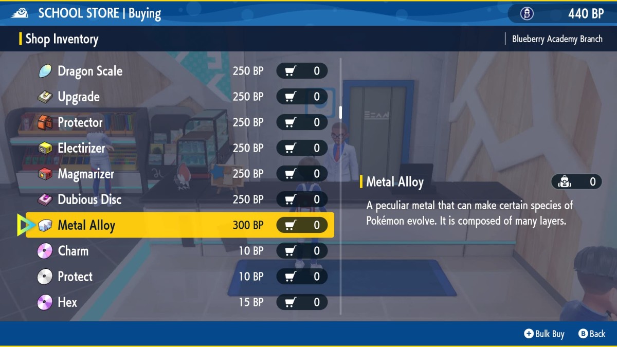 A shop in Pokemon Scarlet and Violet selling a Metal Alloy